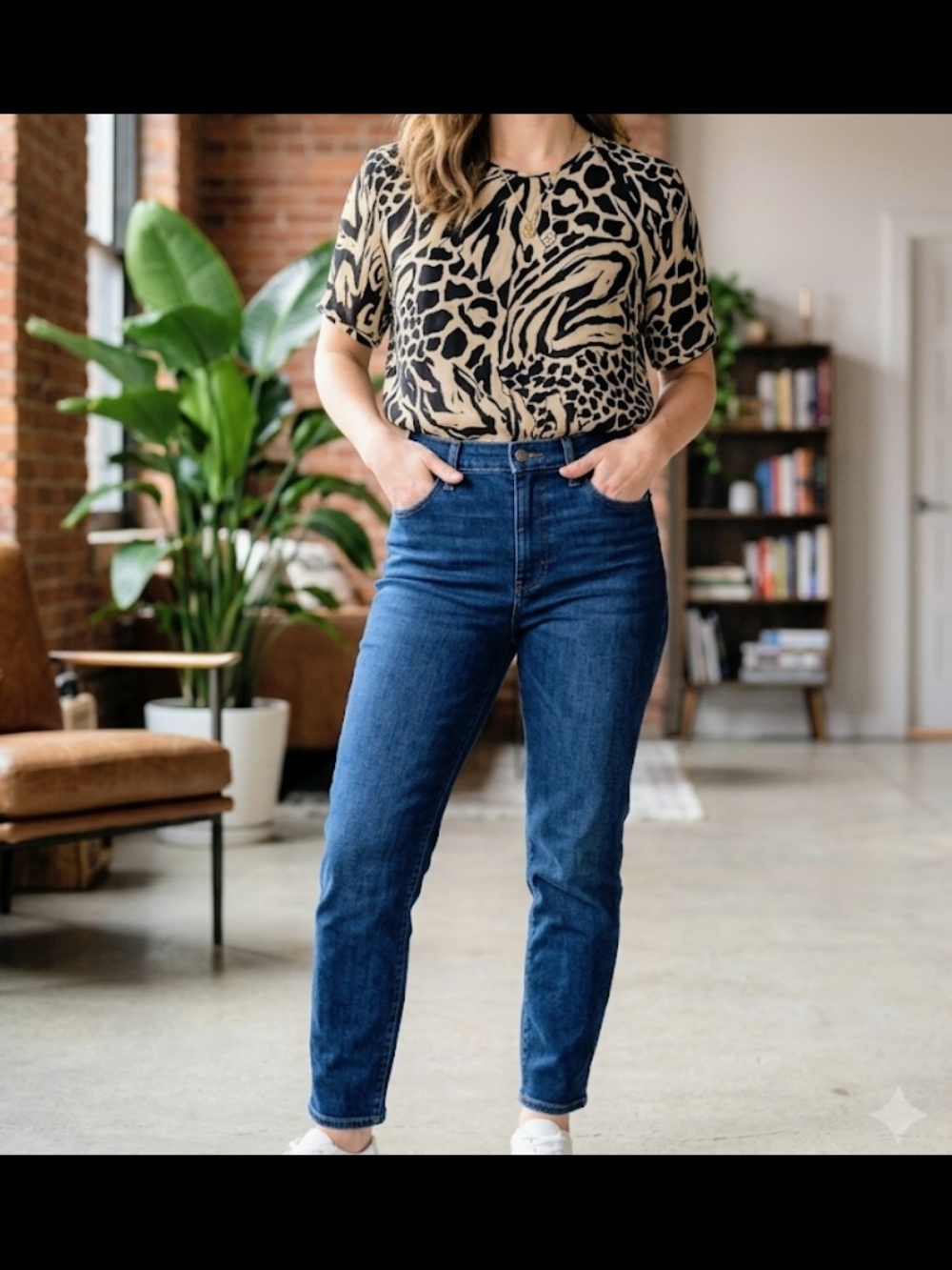 Source Unknown Black & Cream Animal Print Short-Sleeve Blouse